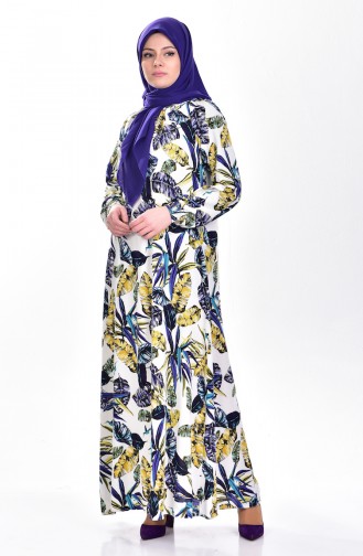 Çiçek Desenli Elbise 0085-01 Beyaz