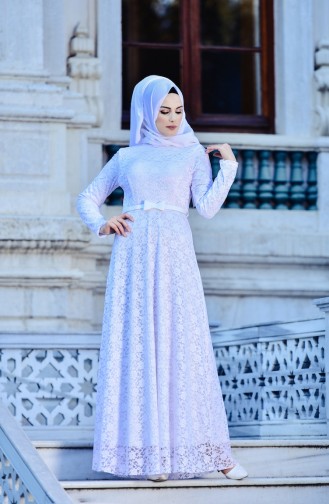 Dantel Kaplama Abiye Elbise 0142-02 Beyaz
