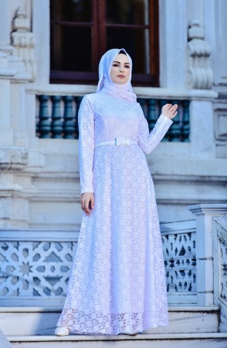 Dantel Kaplama Abiye Elbise 0142-02 Beyaz
