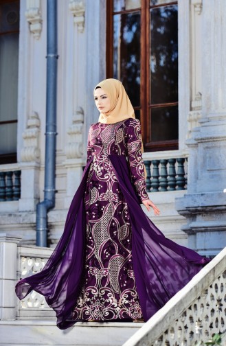 Purple Hijab Evening Dress 7622-02