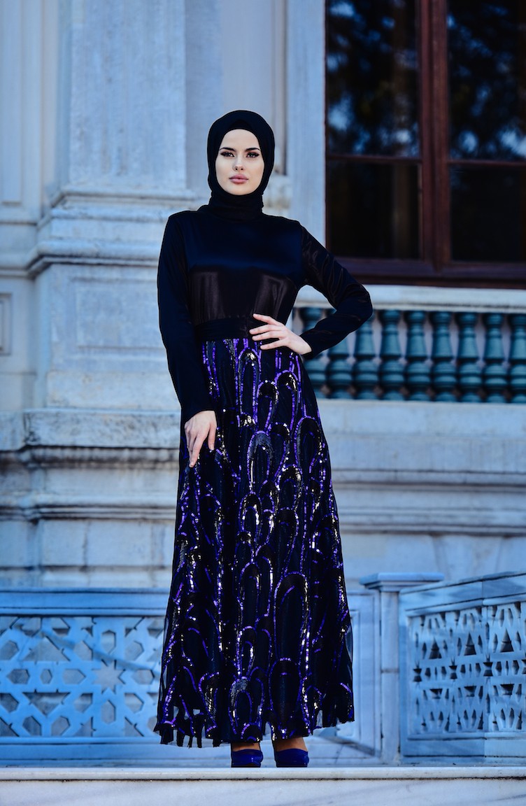 Robe De Soirée Hijab 1596 03 Noir Bleu Roi 1596 03