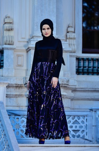 Islamic Evening Dress 1596-03 Black Saxon Blue 1596-03