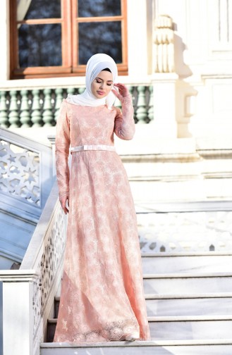 Salmon Hijab Evening Dress 10016-02