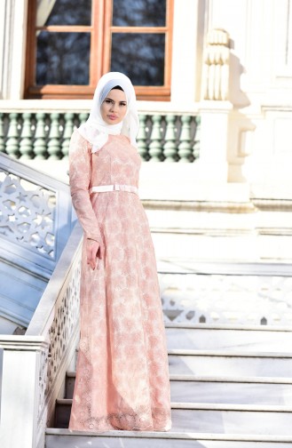 Salmon Hijab Evening Dress 10016-02