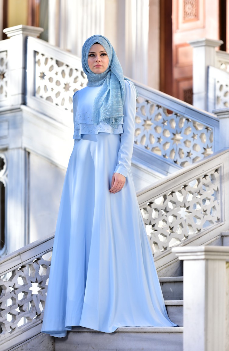 Baby Blue Hijab Evening Dress 4481-03