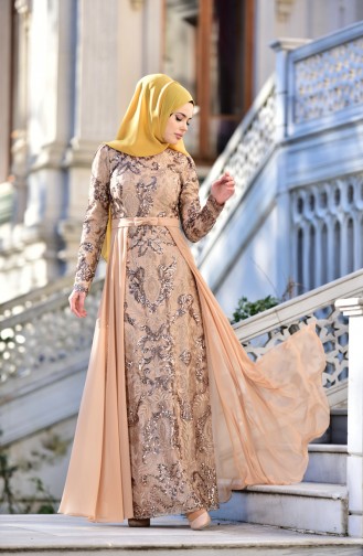 Beige Hijab Evening Dress 441488-06
