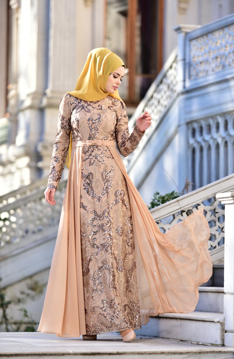 Beige Hijab Evening Dress 441488-06