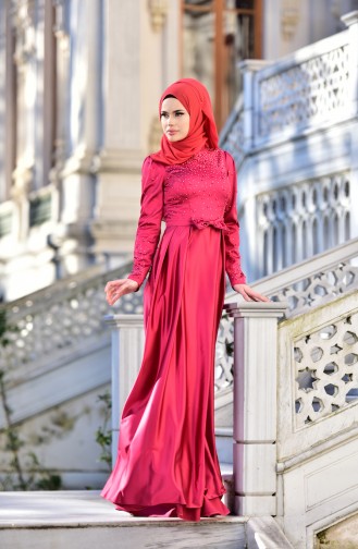 Robe de Soirée avec Perles et Pierre 4473-03 Fushia 4473-03