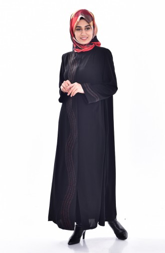Bestickter Hijab  6019F-01 Schwarz Rot  6019F-01