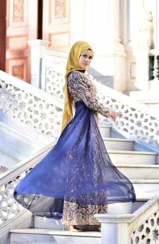 Navy Blue Hijab Evening Dress 441488-04