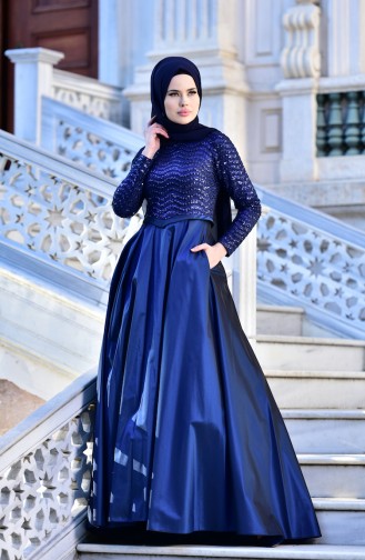 Sequin Taffeta Evening Dress 4423-01 Navy Blue 4423-01