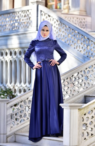 Robe de Soirée avec Perles et Pierre 4473-04 Bleu Marine 4473-04