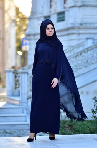 Navy Blue Hijab Evening Dress 4476-03