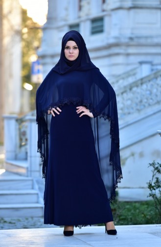 Navy Blue Hijab Evening Dress 4476-03