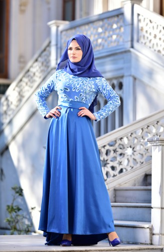 Kemer Detaylı Abiye Elbise 1526-02 Mavi