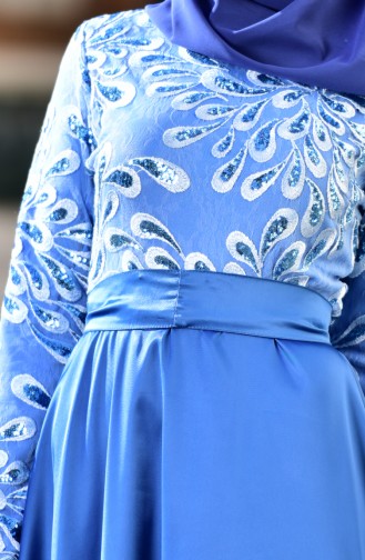 Kemer Detaylı Abiye Elbise 1526-02 Mavi