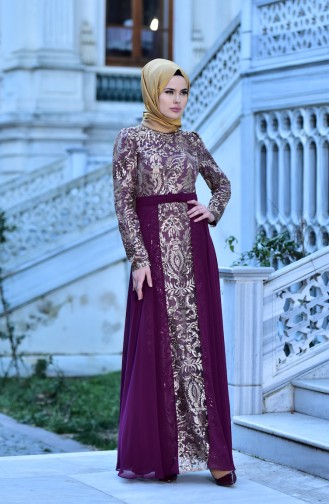 Plum Hijab Evening Dress 441488-01