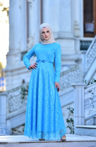 Turquoise Hijab Evening Dress 0142-01