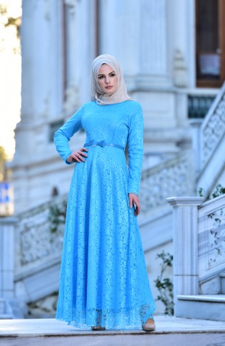 Dantel Kaplama Abiye Elbise 0142-01 Turkuaz