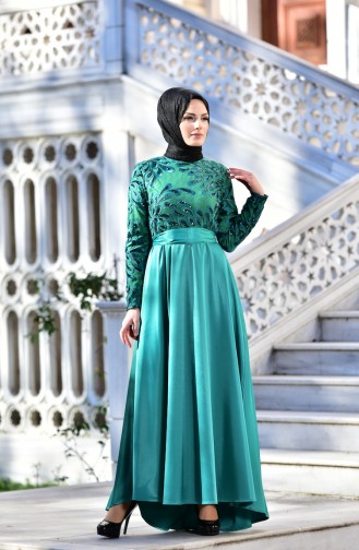 Green Hijab Evening Dress 1526-03