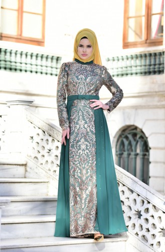 Emerald Green Hijab Evening Dress 441488-05