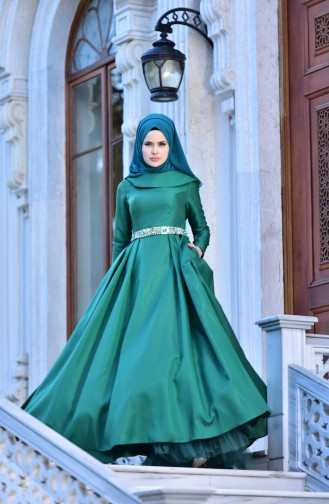 Taşlı Tafta Abiye Elbise 444876-04 Zümrüt Yeşili