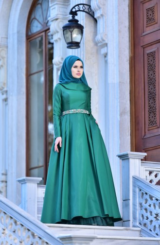 Taşlı Tafta Abiye Elbise 444876-04 Zümrüt Yeşili