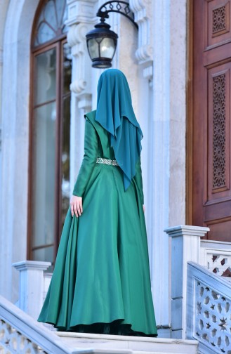 Taşlı Tafta Abiye Elbise 444876-04 Zümrüt Yeşili