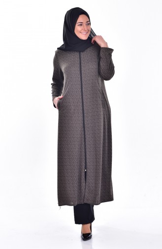 Plus Size Patterned Zippered Abaya 0106-04 Khaki 0106-04