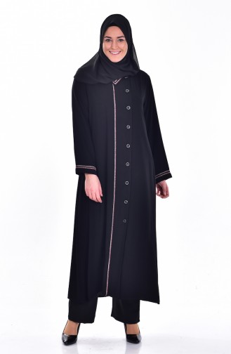 Plus Size Buttoned Abaya 6005-01 Black Red 6005-01