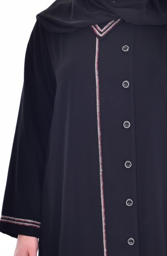 Plus Size Buttoned Abaya 6005-01 Black Red 6005-01