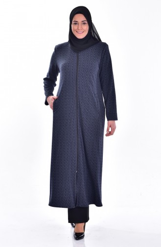 Plus Size Patterned Zippered Abaya 0106-01 Navy Blue 0106-01