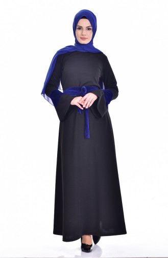 Garnili Kuşaklı Elbise 3006-03 Siyah Saks