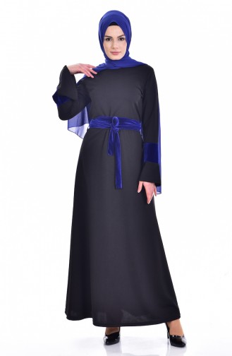 Garnili Kuşaklı Elbise 3006-03 Siyah Saks