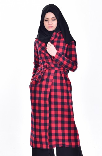 Checkered Coat with Belt 9063A-02 Navy Blue Red 9063A-02