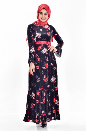 Çiçek Desenli Kadife Elbise 7892-01 Siyah Kırmızı