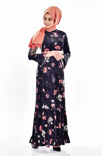 Robe Velours a Motif Fleurs 7892-02 Noir Rose 7892-02