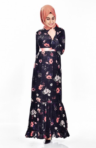 Robe Velours a Motif Fleurs 7892-02 Noir Rose 7892-02