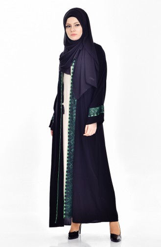 Ensemble deux Pieces Robe Abaya 7752-04 Noir Vert emeraude 7752-04