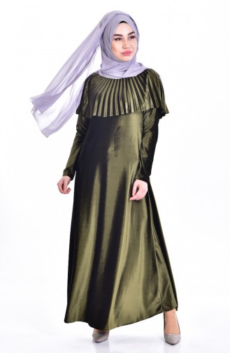 فستان مخمل بتفاصيل من الكشكش1925-03 لون اخضر كاكي 1925-03