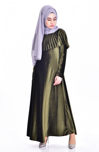 فستان مخمل بتفاصيل من الكشكش1925-03 لون اخضر كاكي 1925-03