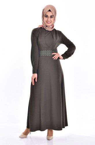 Dantel Kuşaklı Elbise 5081-02 Haki