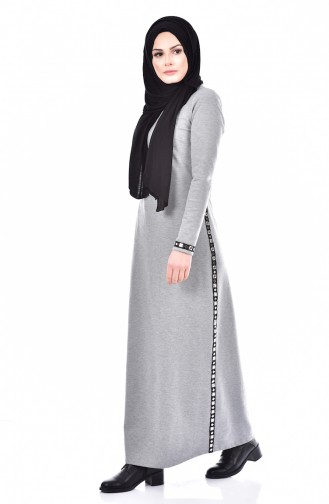 Taşlı Elbise 1487-01 Gri Siyah