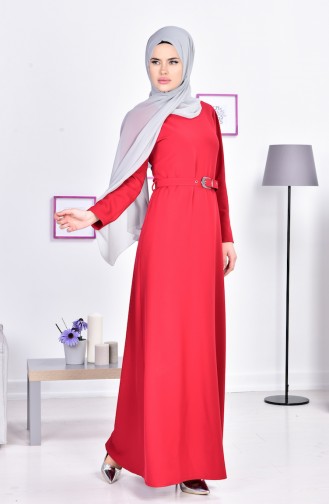 Kemerli Elbise 0547-10 Kırmızı