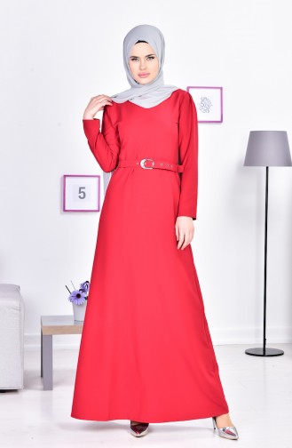 Kemerli Elbise 0547-10 Kırmızı
