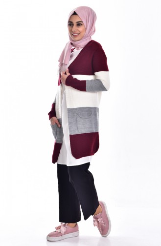 Gilet Tricot avec Poches 1011-03 Bordeaux Gris 1011-03