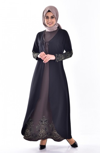 Stone Embroidered Dress 1860-06 Black Khaki 1860-06