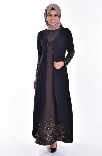 Stone Embroidered Dress 1860-06 Black Khaki 1860-06