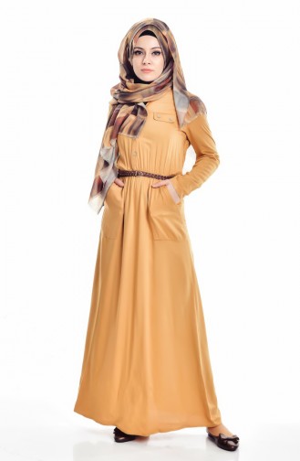 Kemerli Cepli Elbise 3197-04 Hardal
