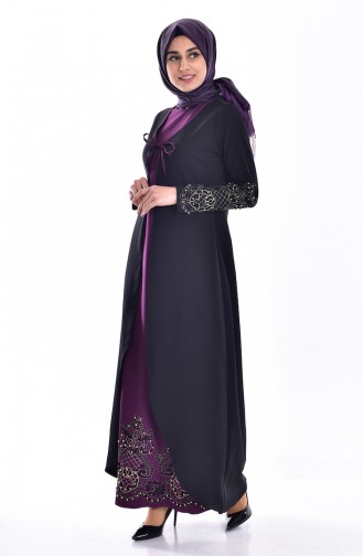 Taş İşlemeli Elbise 1860-05 Siyah Mor